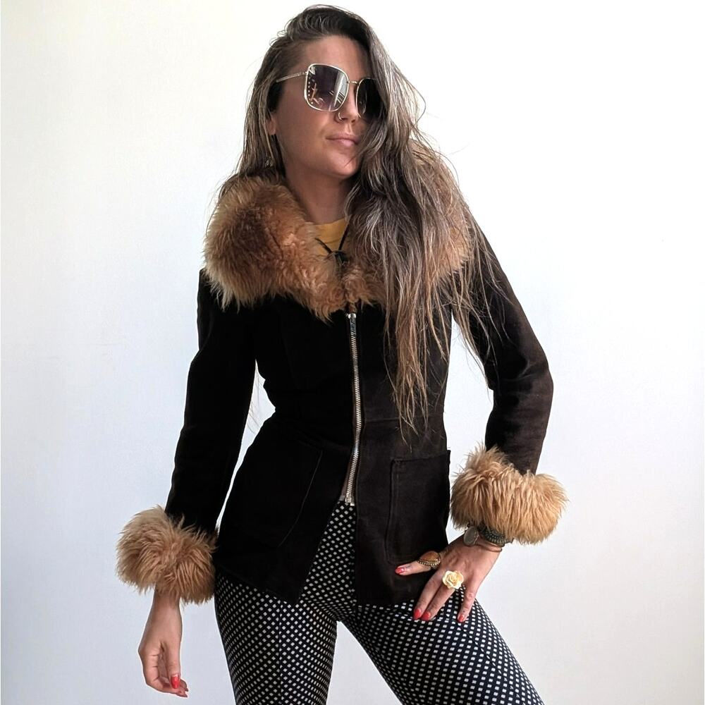 Vintage Brown Suede Penny Lane Jacket Groovy Furry 70s Leather Western Coat Smal - Picture 2 of 11